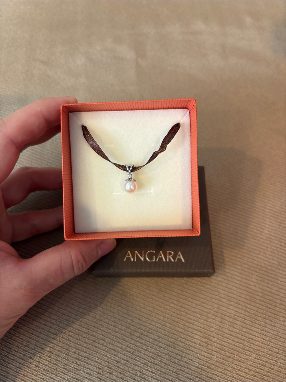 Angara Pink Pearl Pendant Necklace on Ribbon